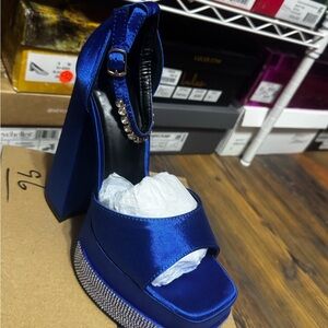 Satin Blue Platform Heels with Rhinestone Detail